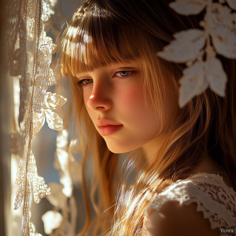 A young girl stands amidst lace curtains, bathed in light.