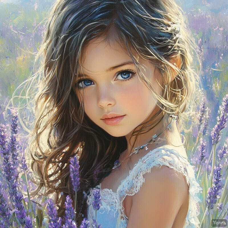 A young girl stands amidst a field of lavender flowers, surrounded by beauty and calmness.