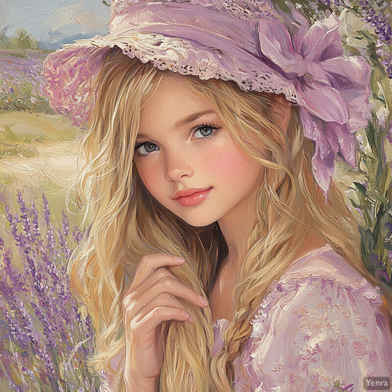 A young girl in a pink dress and hat surrounded by lavender flowers