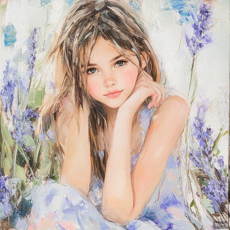 A young girl sits amidst lavender flowers, radiating calmness.