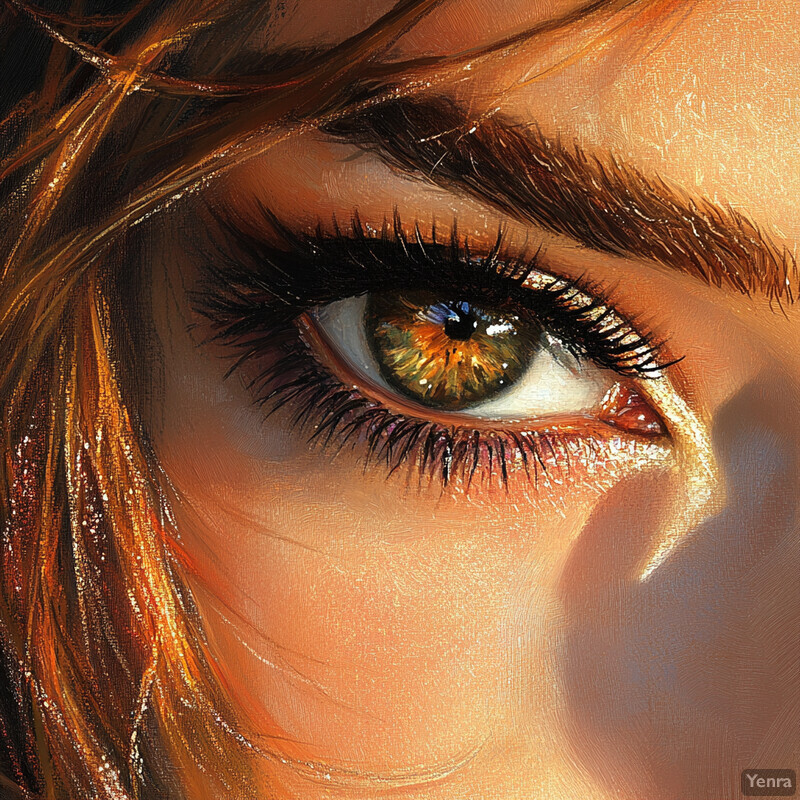 A close-up of a woman's eye with golden-brown irises and long eyelashes.