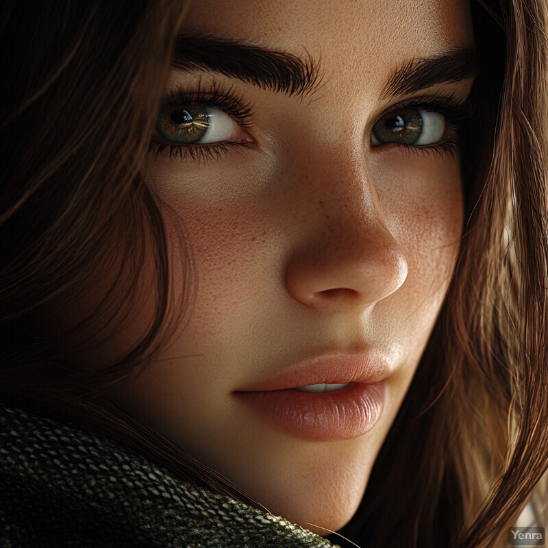 A serene close-up of a woman's face with fair skin and warm brown eyes