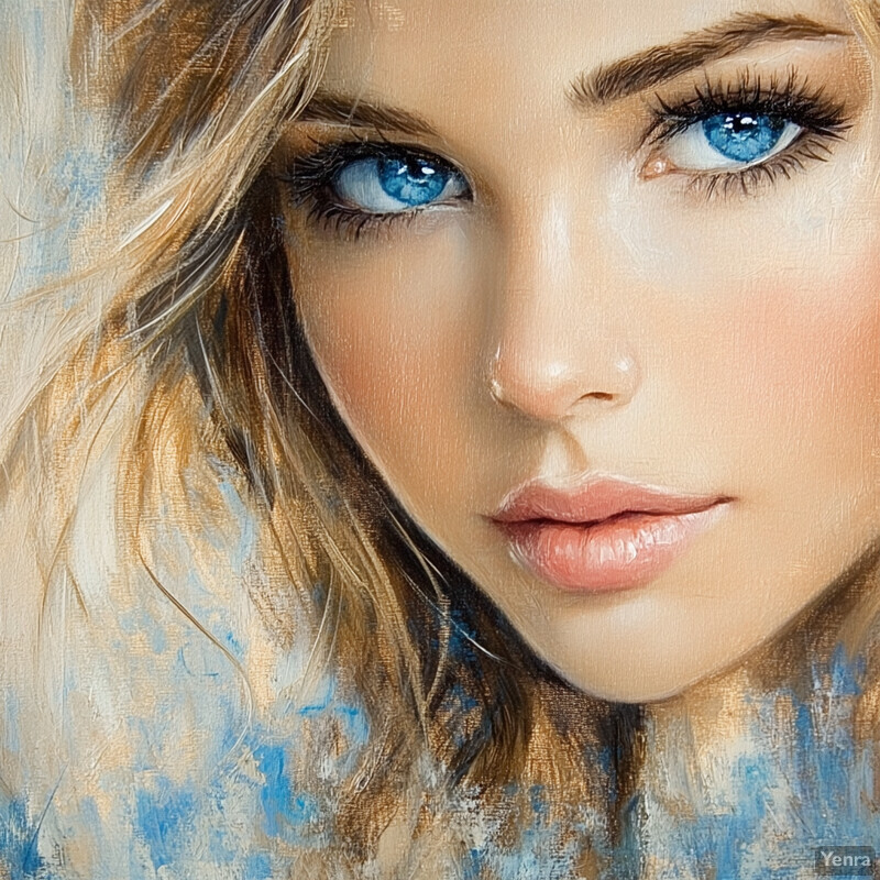 Oil painting of a woman with striking blue eyes