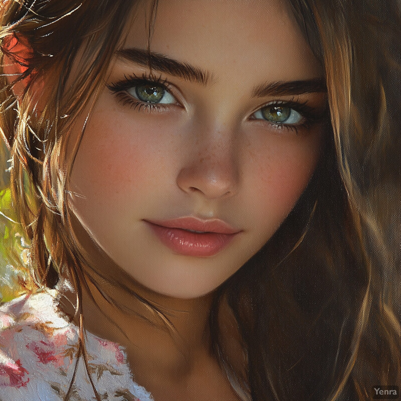 A young woman with long brown hair and green eyes wearing a white blouse with pink flowers on it.