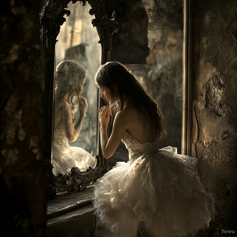 Woman in white wedding dress adjusting her hair or makeup in front of an ornate mirror