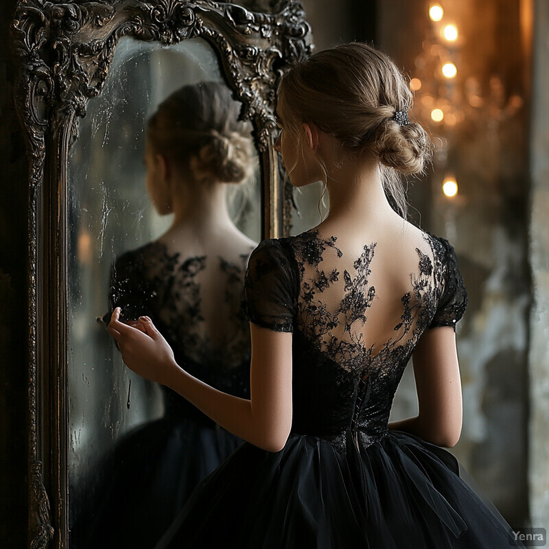 A woman stands in front of an ornate mirror, admiring her reflection in a stunning black dress.