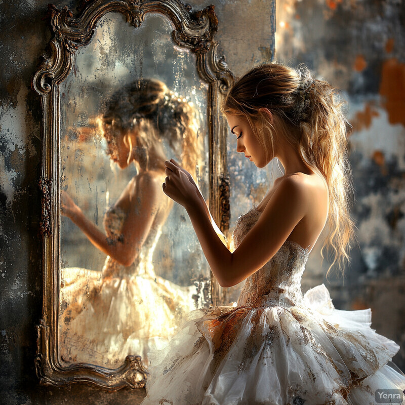 A young woman in a white dress stands in front of an ornate mirror, gazing at her reflection with a contemplative expression.