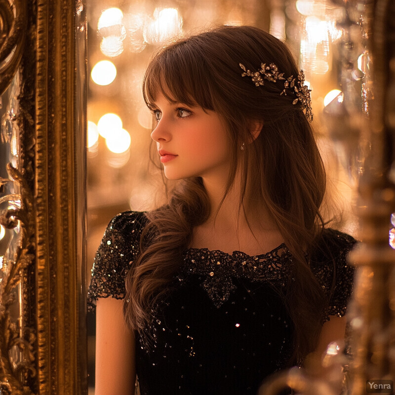 A woman stands in front of a gold-framed mirror, her reflection visible behind her, wearing a stunning black dress with sequins and lace details.