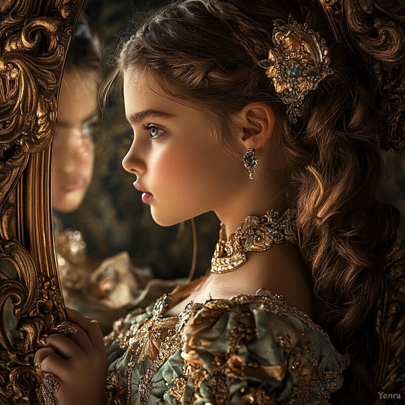 A young girl admires her reflection in a lavish gold-framed mirror, dressed in a stunning light green dress.