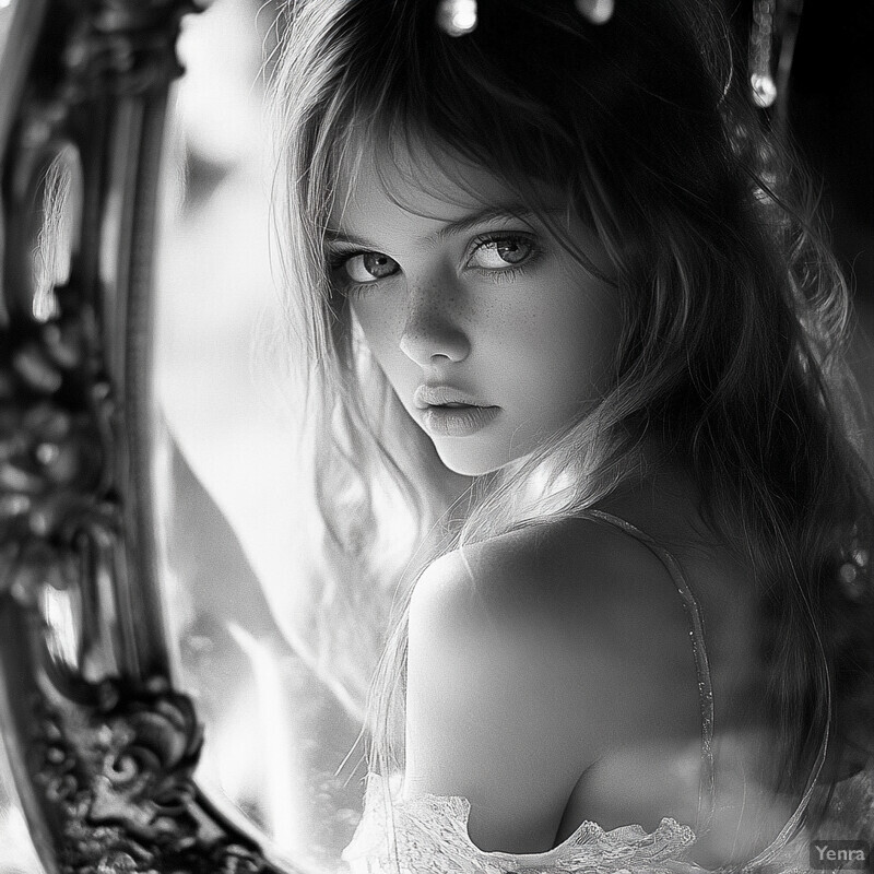 A young woman with long hair and bangs gazing into an ornate mirror in what appears to be a bedroom or dressing room.