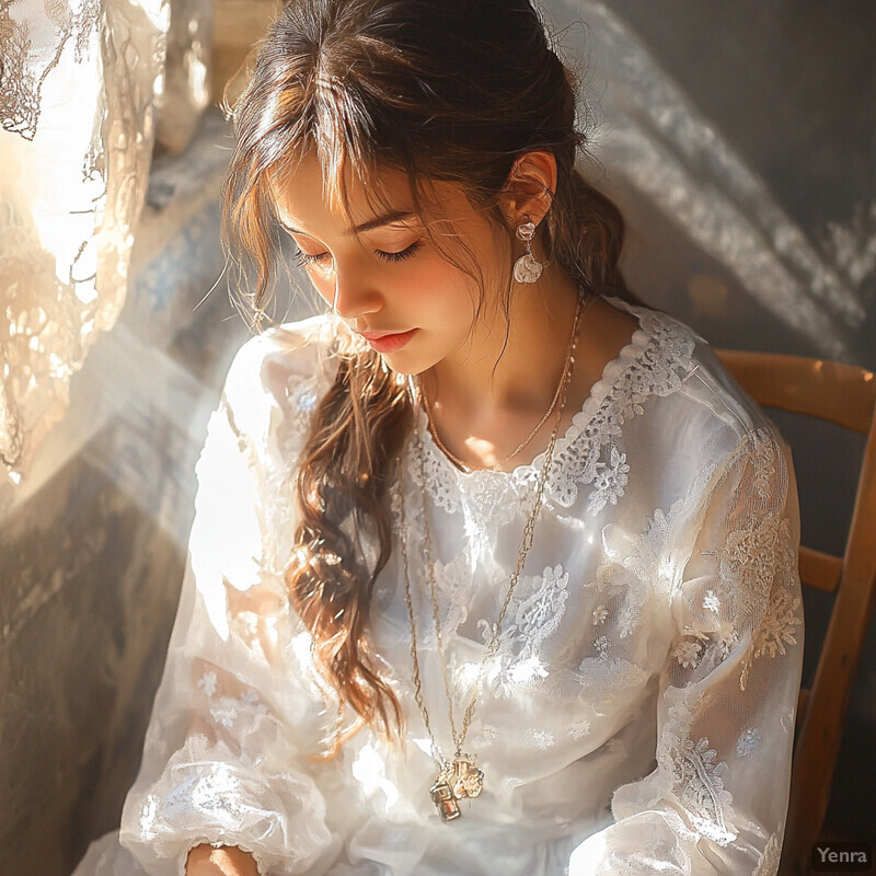 A young woman sitting in a chair, wearing a white lace blouse and gold jewelry, gazing downward.