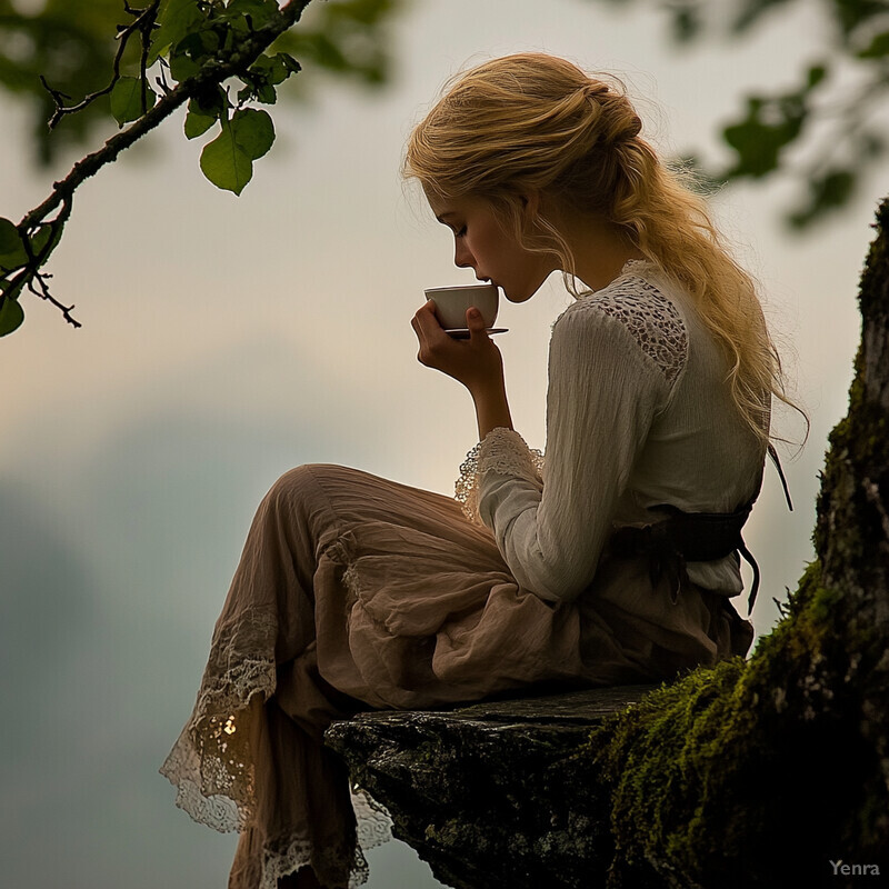 Serene outdoor scene of a woman enjoying tea or coffee on a moss-covered rock