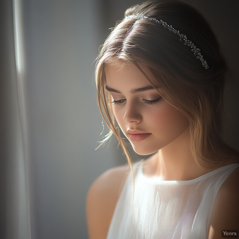 A young girl with fair skin and long brown hair wears a white dress in front of a gray wall.