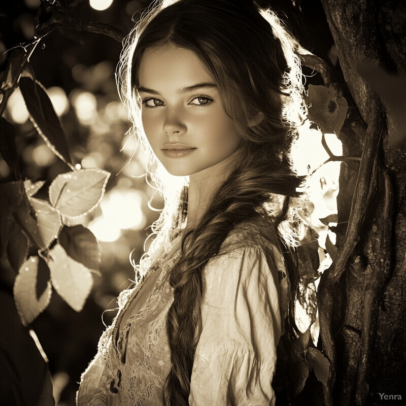 A young girl with long brown hair stands in front of a tree trunk, wearing an off-white dress or blouse.