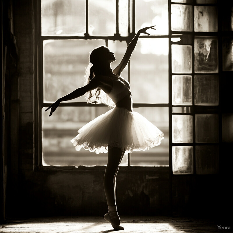 A ballet dancer poses dramatically in front of large windows.