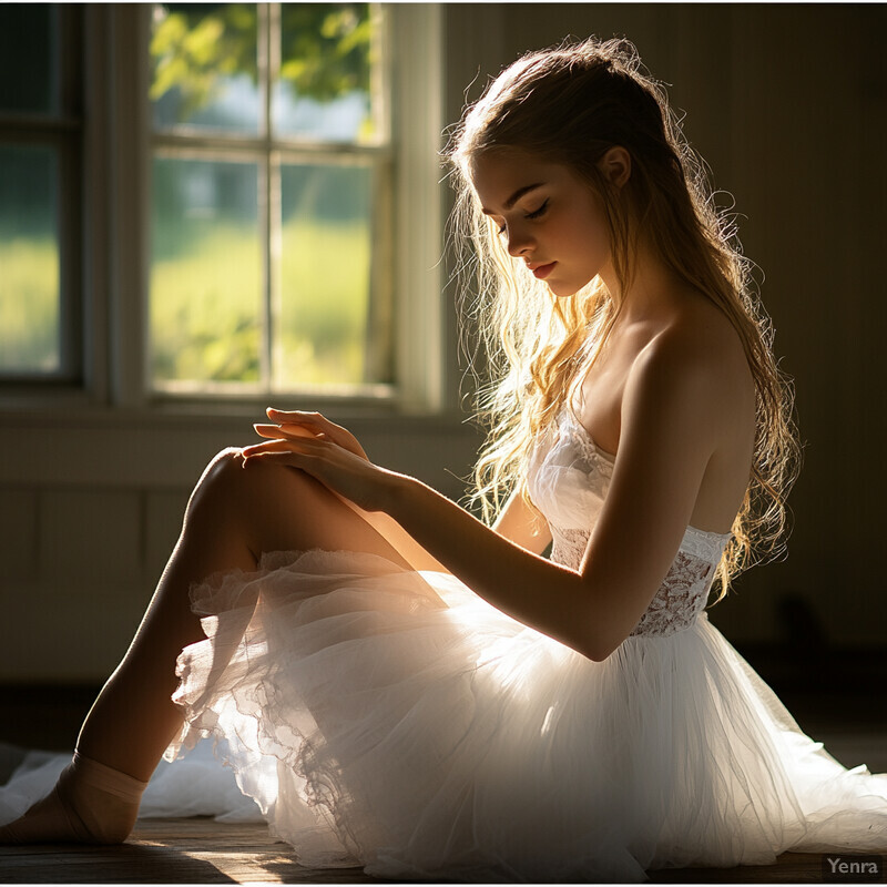 A young woman sits peacefully in front of a window, lost in thought.