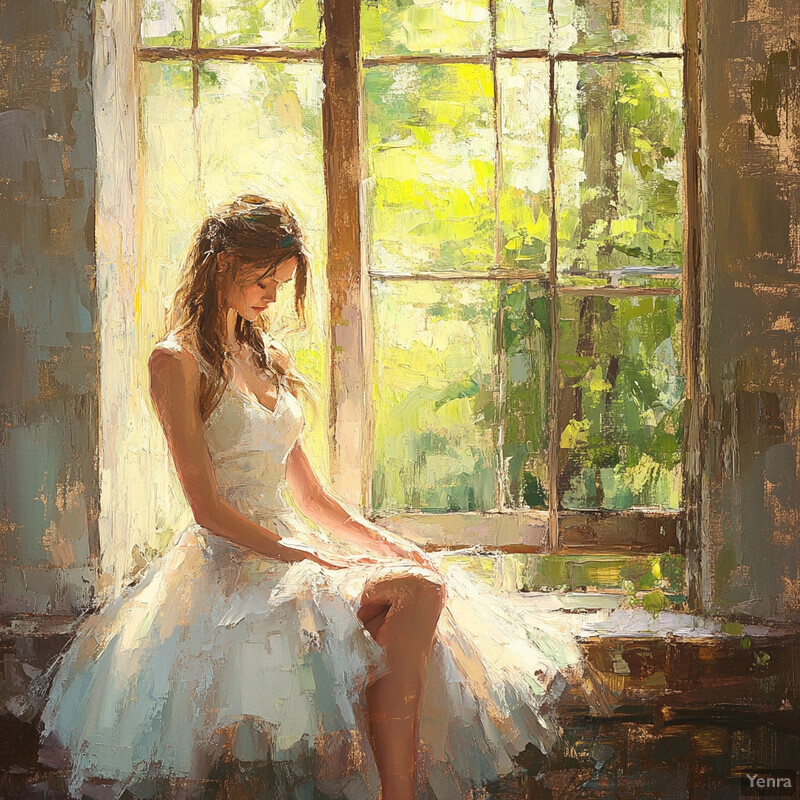 A woman in a ballet costume sits by a window, exuding elegance and poise.