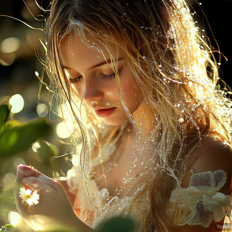 A young woman holds a small white flower, gazing down at it with a serene expression.