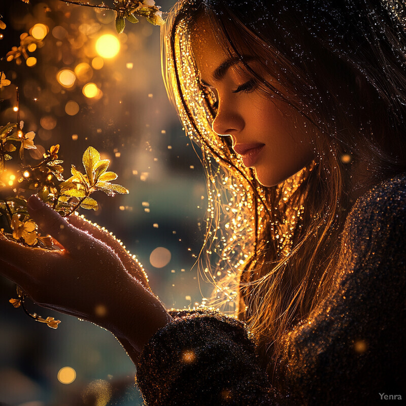 A woman gazes at her hands cupped around a small plant in a serene outdoor setting.