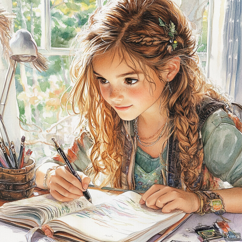 A young girl is engrossed in drawing at her desk, surrounded by art supplies and bathed in natural light.