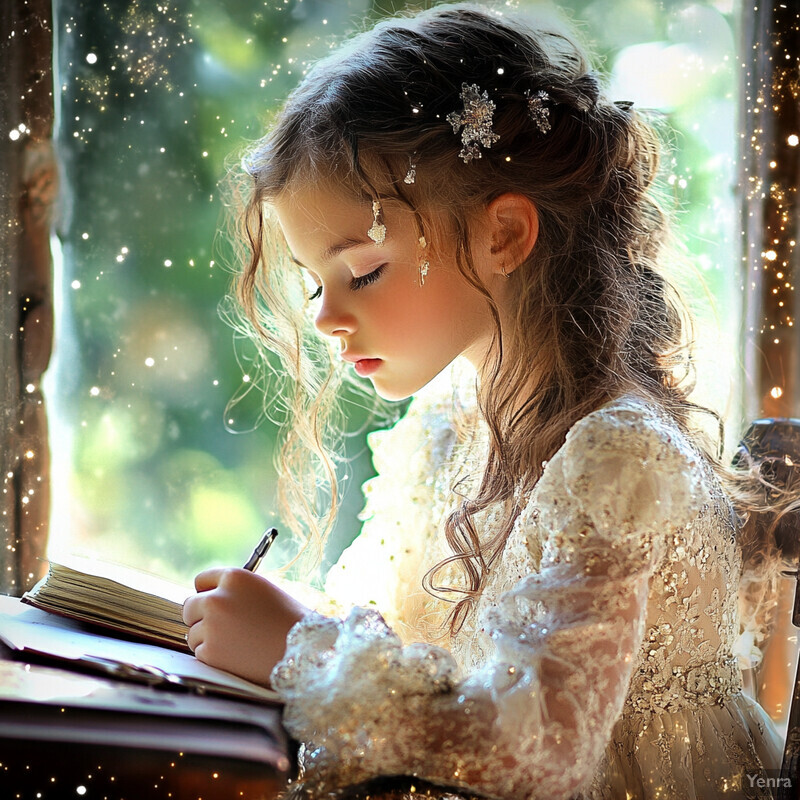 A young girl sits at a desk, writing in a book with a pen, surrounded by a soft, natural light.