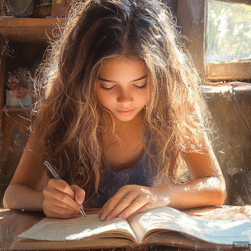 A young girl with long brown hair sits at a desk, intently focused on her studies