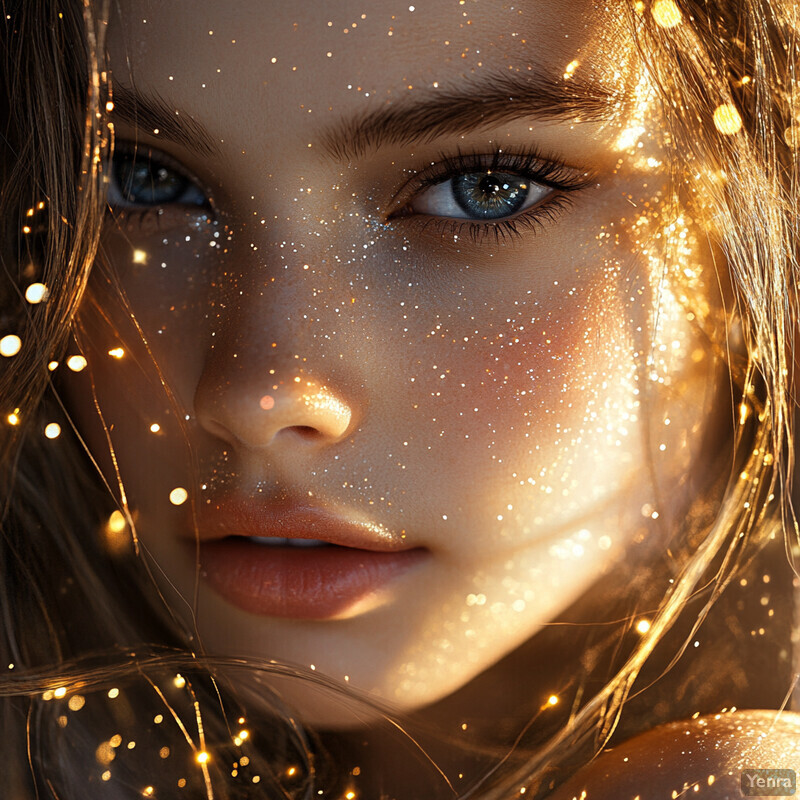 A woman with blue eyes and long brown hair gazes directly at the camera, surrounded by gold makeup designs.