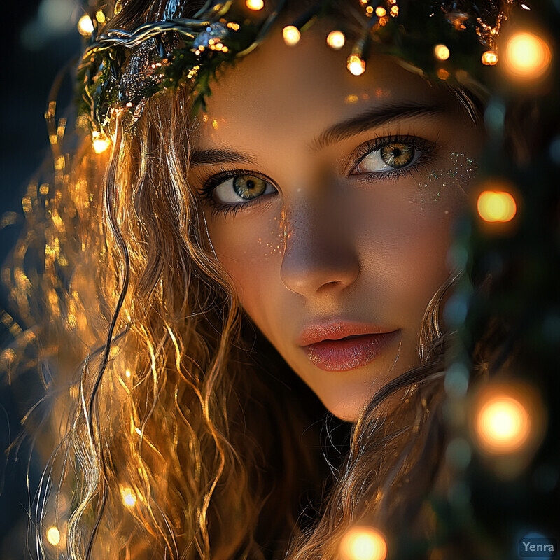 Mystical portrait of a woman with fairy lights and glitter