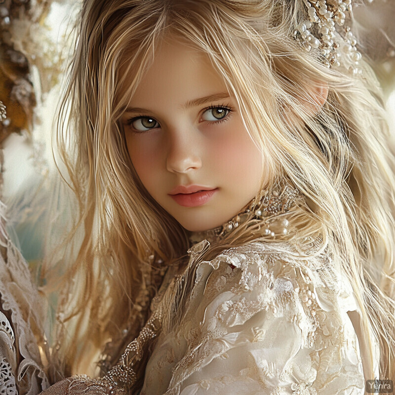 A young girl in a white dress with lace details poses for a photo.