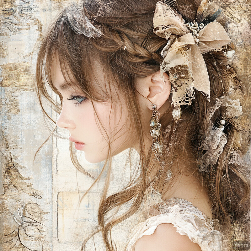 A young woman with long brown hair and blue eyes posing in front of a soft-colored background, possibly an advertisement or portrait.