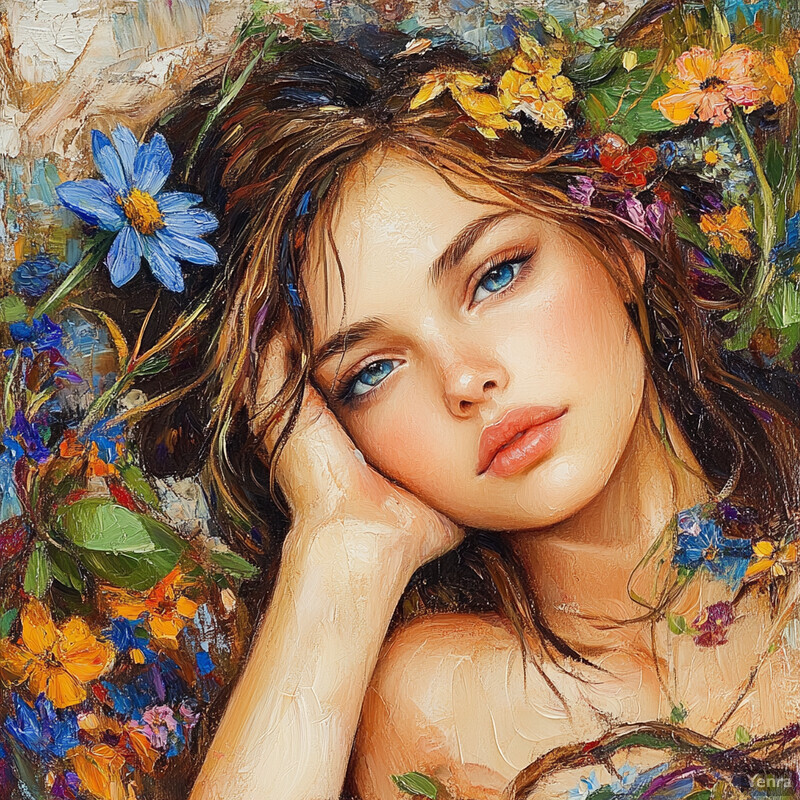 A young girl with long brown hair and blue eyes, surrounded by flowers in her hair and around her neck, rendered in an oil painting.