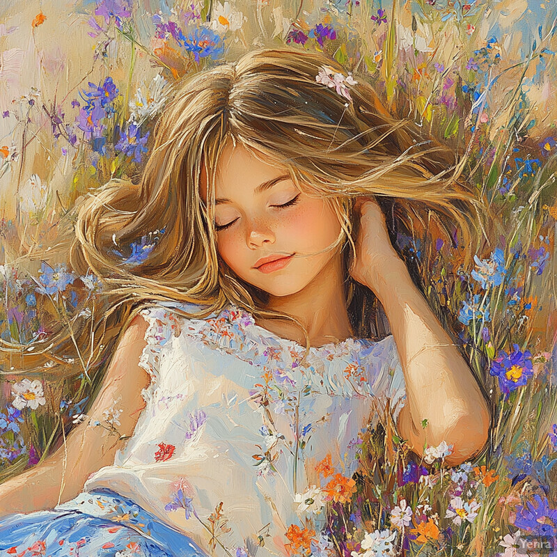 A young girl reclines in a field of wildflowers, surrounded by soft brushstrokes and muted colors.