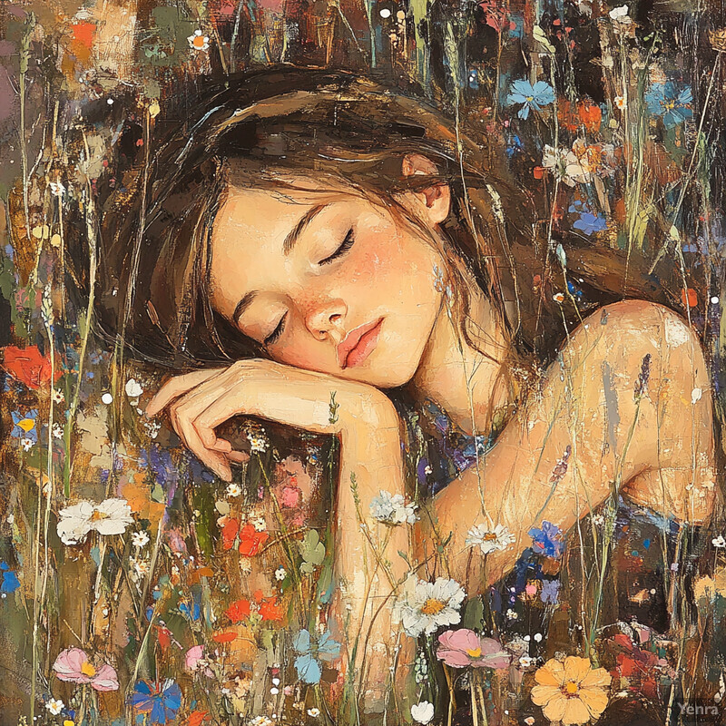 A young girl sleeps peacefully in a field of wildflowers