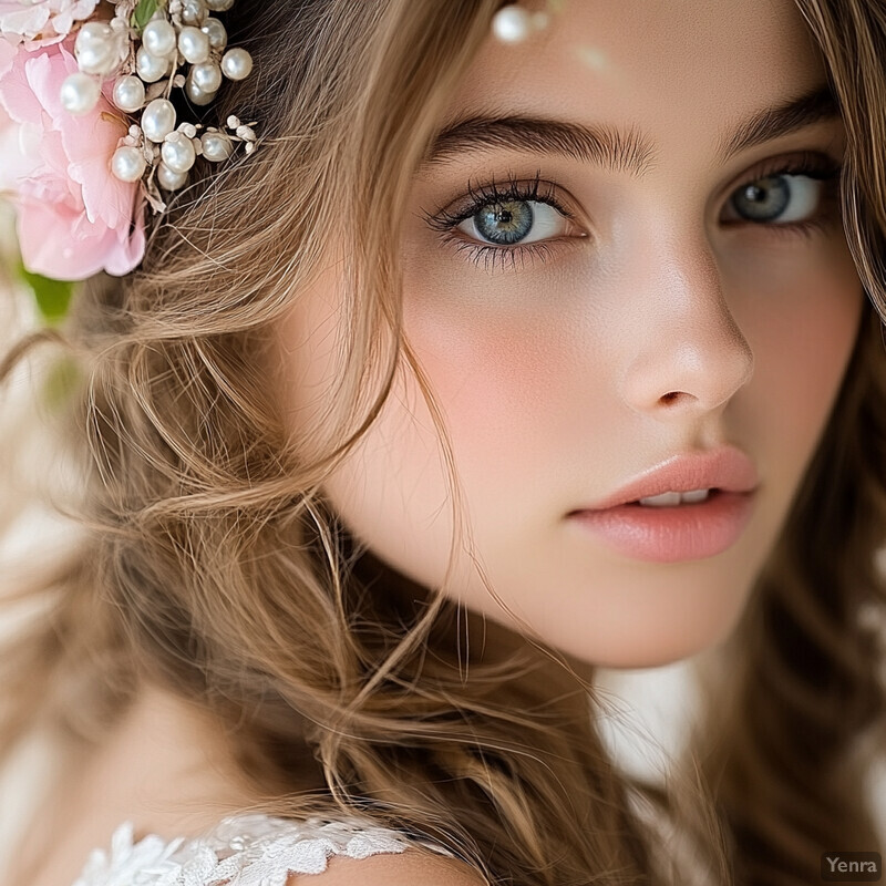 A woman with blue eyes and long brown hair looks directly at the camera, her face framed by a delicate pink flower and pearls in her hair.