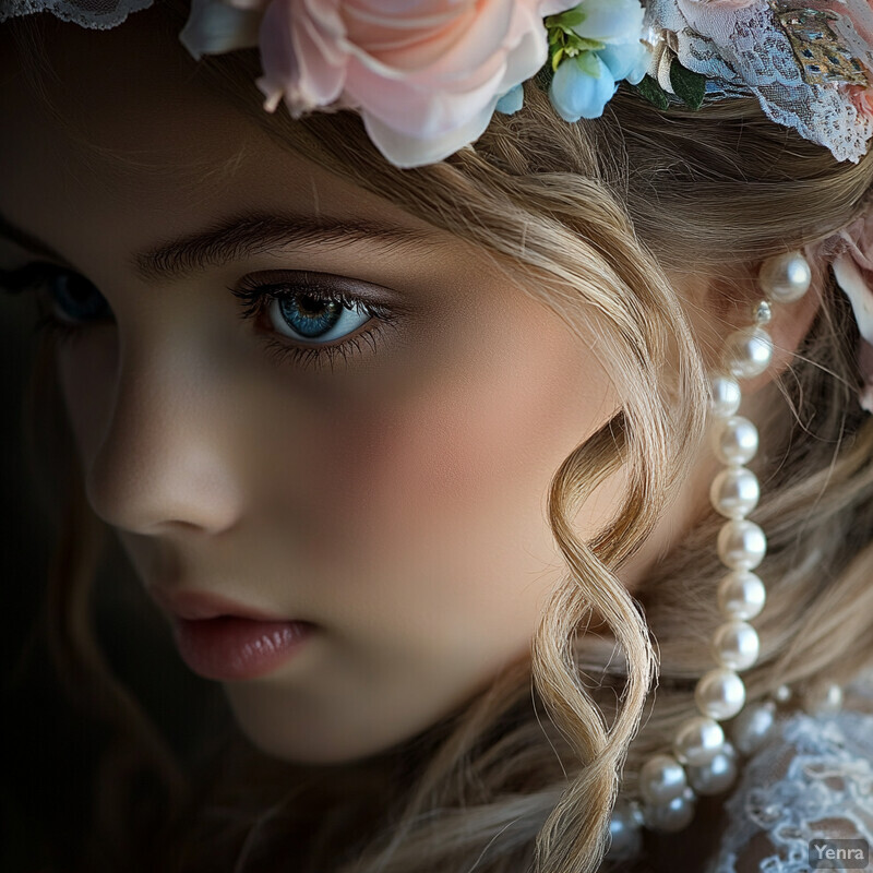 A young girl with fair skin and blonde hair wears a floral crown and pearls.