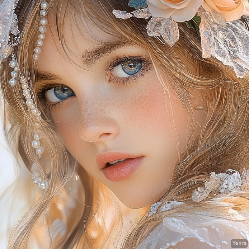 A young girl with blue eyes and blonde hair wearing a white lace dress, surrounded by pearls and flowers.