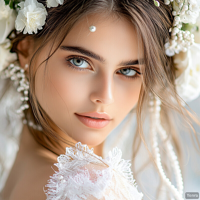 A portrait of a woman adorned with pearls and petals, exuding elegance and refinement.