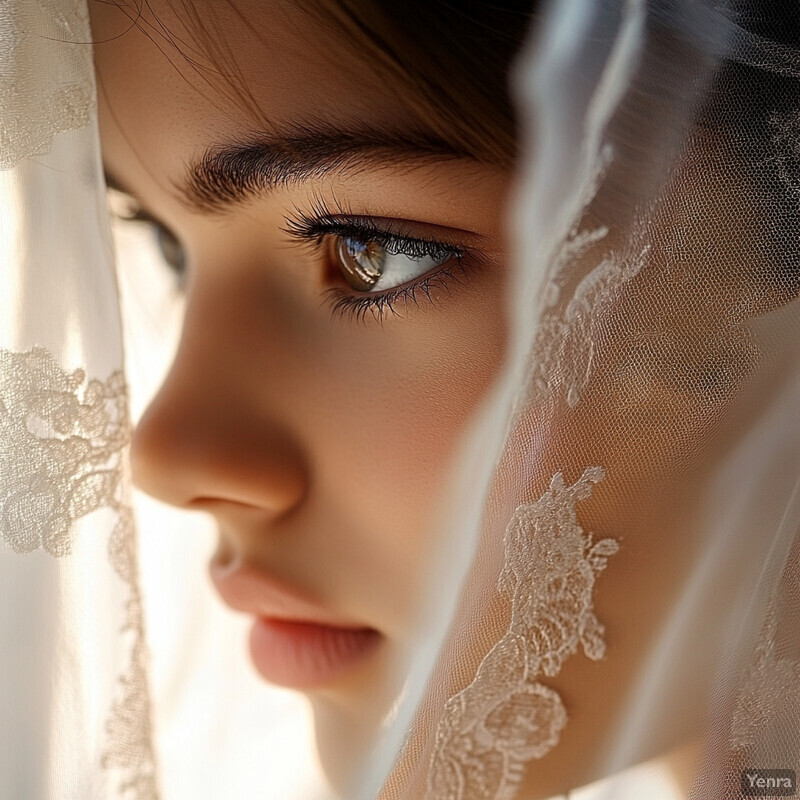 A young Asian woman gazes poignantly through a lace veil in a white dress, bathed in natural light