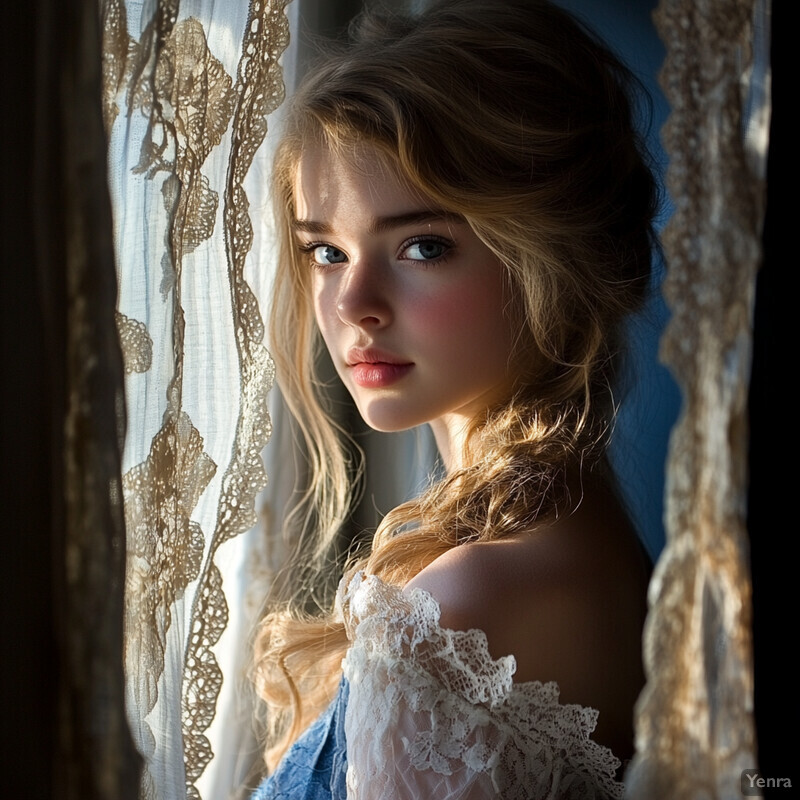 A young woman with blue eyes and blonde hair looks directly at the camera, wearing a white lace top with an off-the-shoulder design.