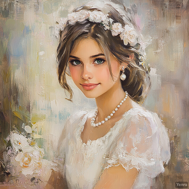 A woman in white dress with lace trim, pearl necklace, and floral headpiece holds a bouquet of white flowers, exuding elegance and poise.