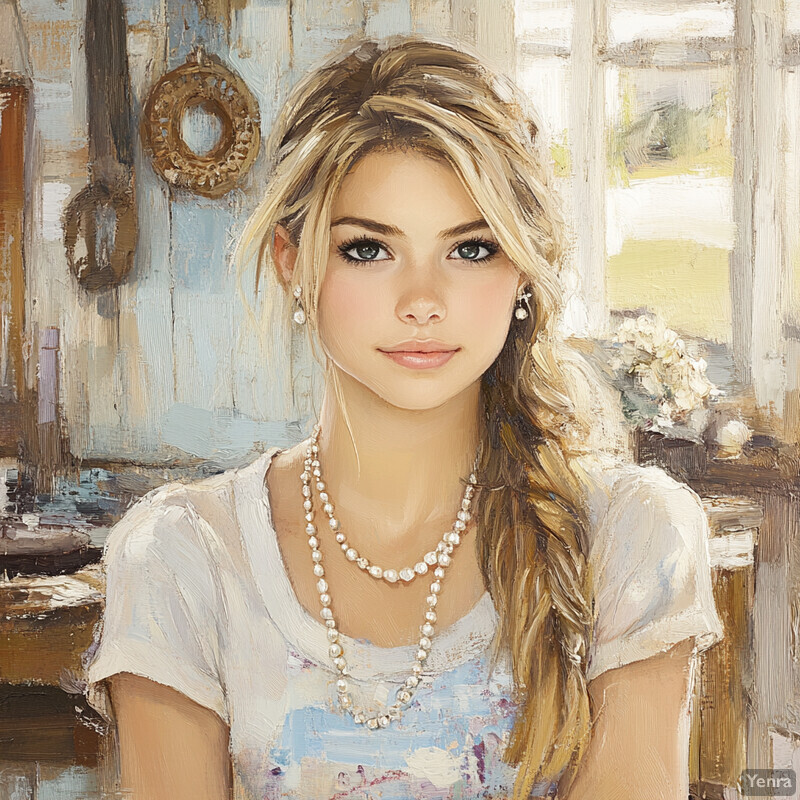 Oil painting of a young woman with long blonde hair, wearing pearls and a white top, set against a warm background reminiscent of a rustic cabin.