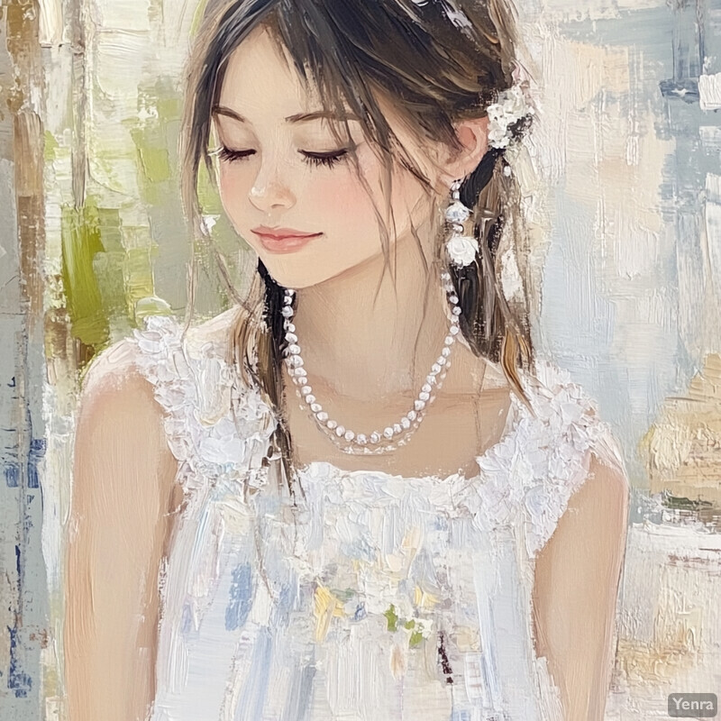 A young woman in pearls, depicted in an impressionist style with soft colors and brushstrokes.