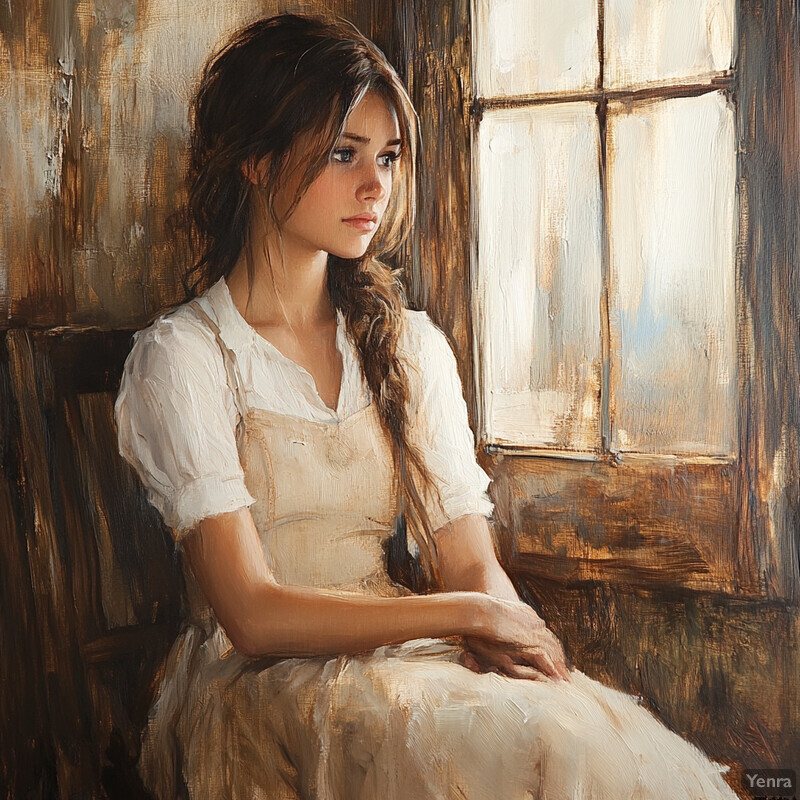 A young girl sits by a window, lost in thought.