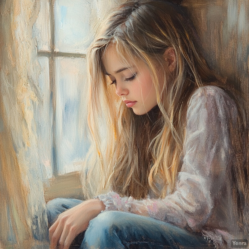 A young woman sits by a window, lost in thought.