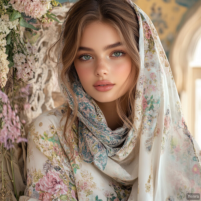 A young woman with fair skin and long brown hair, wearing a white floral headscarf and matching blouse, posing in front of a blurred outdoor setting.