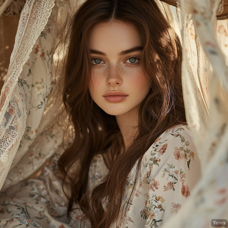 A young woman with long brown hair and freckles, wearing a white floral top, poses for the camera in an outdoor setting.