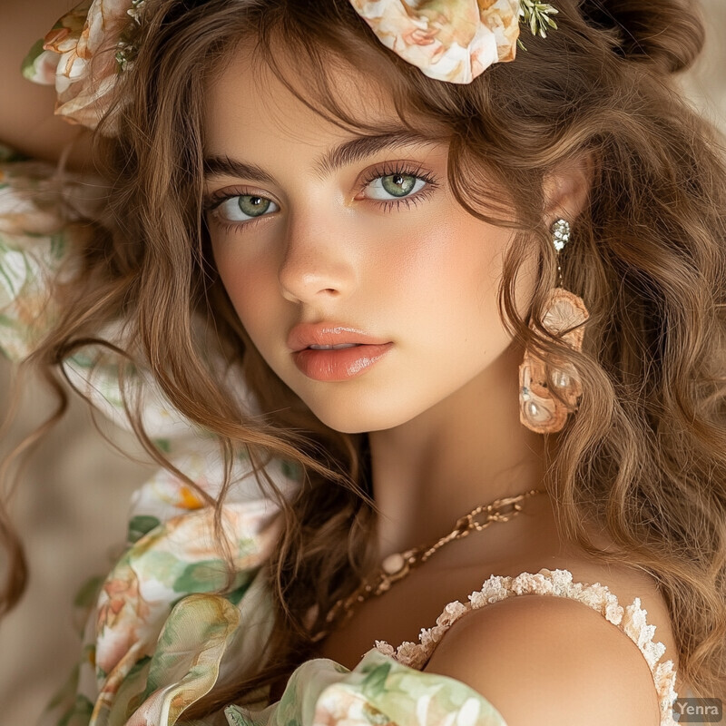 A young woman with long brown hair and green eyes poses in a floral dress or top, showcasing her slender figure and fair skin.