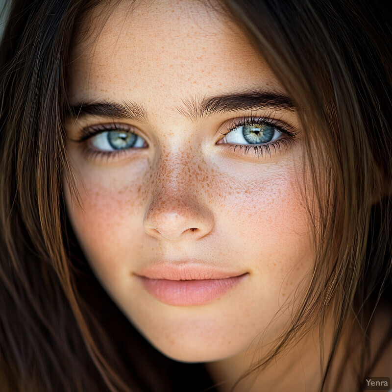 A close-up portrait of a young woman with fair skin and long brown hair, gazing directly at the camera.