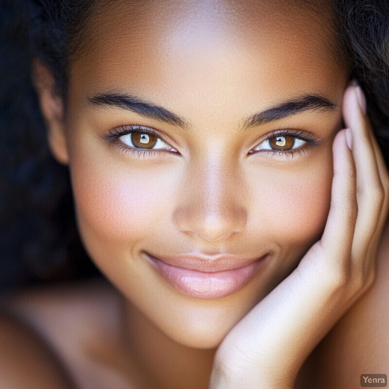 A woman with dark skin and black hair styled in a ponytail conveys quiet confidence as she gazes downward.