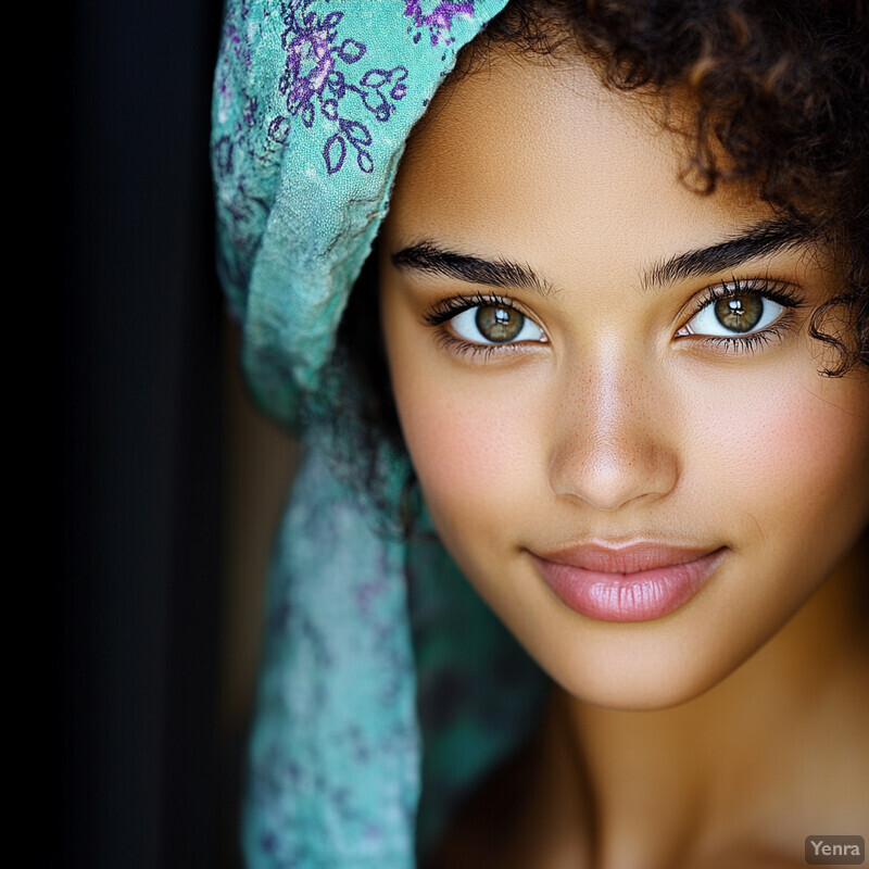 A young woman with dark skin and curly black hair wears a green headscarf, exuding quiet confidence.